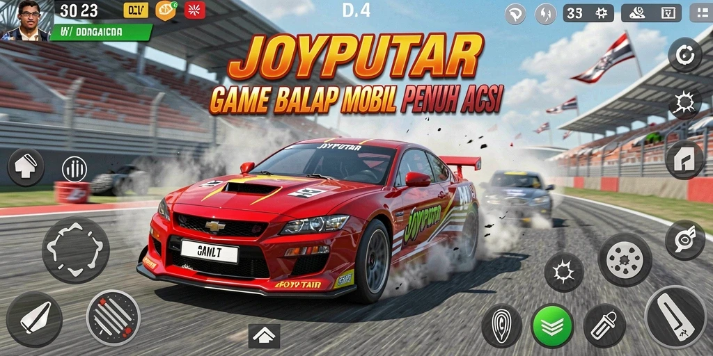 Tampilan gameplay JOYPUTAR yang menegangkan saat balapan.