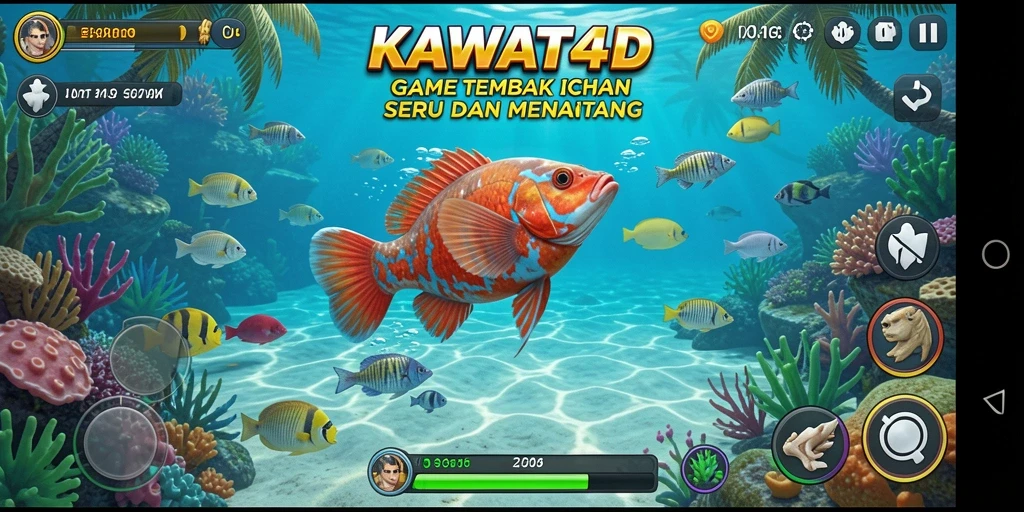 Screenshot gameplay KAWAT4D dengan aksi menembak ikan.