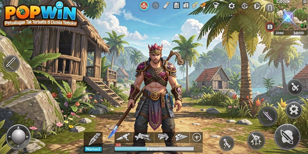 Gameplay POPWIN yang menampilkan petualangan di dunia terbuka yang luas.