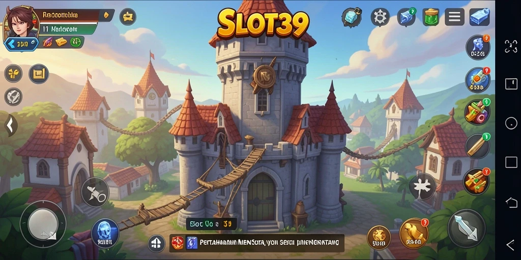 Screenshot utama menunjukkan tindakan seru dalam SLOT39 dengan menara pertahanan yang animatif.